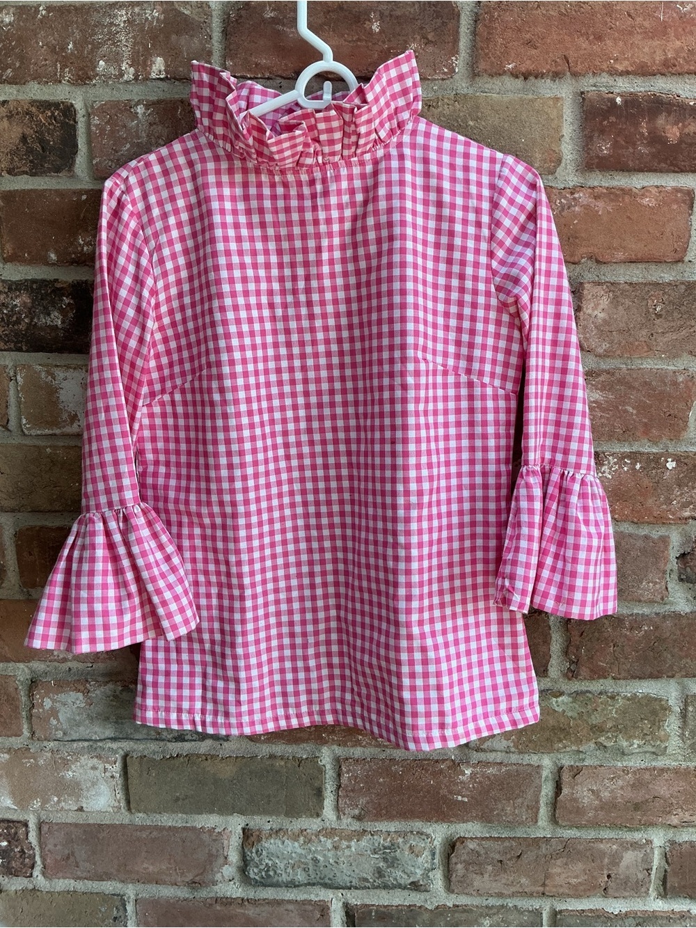 Elizabeth Wilson Pink Gingham Ruffle Neck Blouse XS